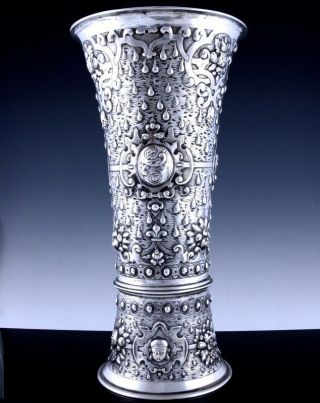 Rare V.  Large C1900 Austro Hungarian Hanau Medieval Design 800 Solid Silver Vase