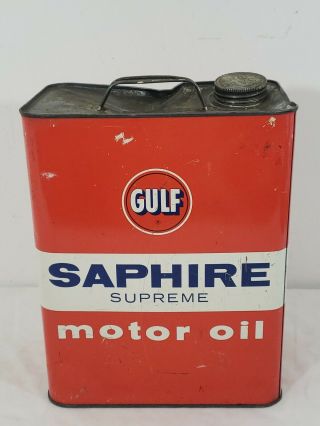 Vintage Gulf Saphire 2 Gallon Metal Orange Motor Oil Can Empty