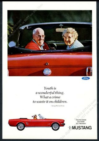 1966 Ford Mustang Convertible Red Car Elderly Couple Photo Vintage Print Ad
