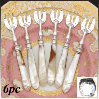Elegant Antique French Mother Of Pearl & Silver 6pc Shellfish Or Oyster Fork Set