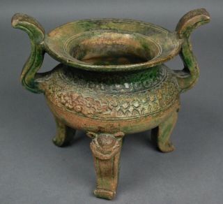 Large Green Glazed Chinese Tripod Pottery Censer Ceramic