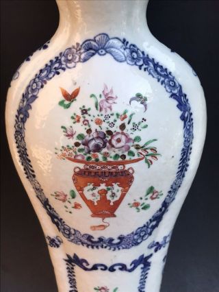 Estate Antique Chinese Famille Rose Blue White Flatten Baluster Vase 2