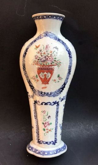 Estate Antique Chinese Famille Rose Blue White Flatten Baluster Vase 3