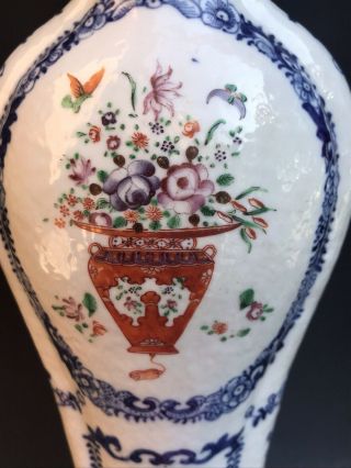 Estate Antique Chinese Famille Rose Blue White Flatten Baluster Vase 4
