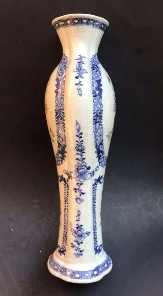 Estate Antique Chinese Famille Rose Blue White Flatten Baluster Vase 5