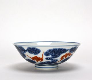 Rare Chinese Qing Xuantong MK Blue and White Porcelain Bowl with Coral Red Bats 4