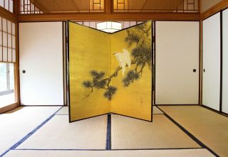 掛軸1967 Folding Screen / Byobu : Ishikawa Yurin " Gold - Leaf White Hawk,  Pine " @by9