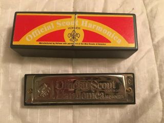 Vintage Hohner Official Boy Scout Harmonica With Case Great Shape