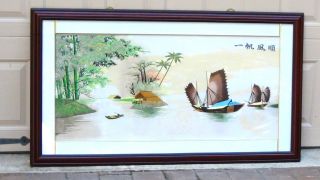 Early 20c Chinese Large Silk Embroidery Of Sea Scene W/ships & Village Near A Ha