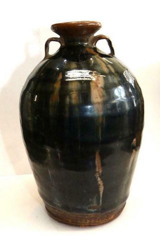 Yuan Dynasty Henan Black On Brown Glazed Lug - Handled Pottery Bottle - 7 1/4 "