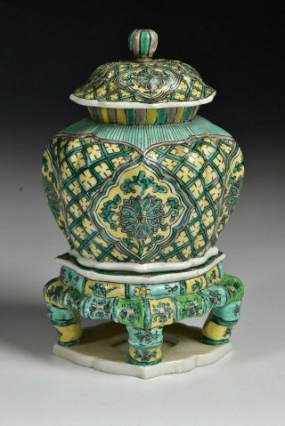 Chinese Kangxi Period Famille Verte Porcelain Covered Container On Stand