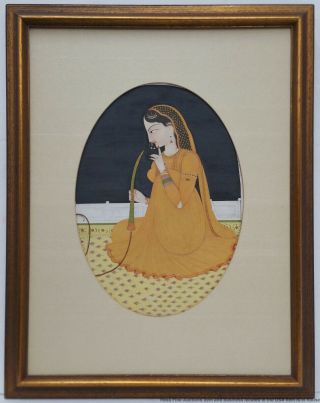 Antique India Indian Kangra School Indo Persian Hookah Smoking Woman Painting