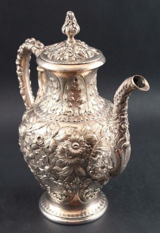 Antique S Kirk & Son Sterling Repousse Teaset Coffeepot Teapot Sugar Creamer 3