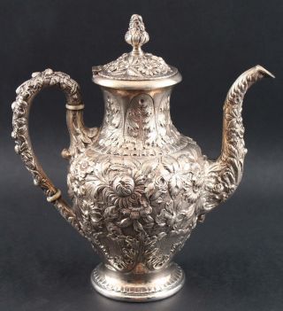 Antique S Kirk & Son Sterling Repousse Teaset Coffeepot Teapot Sugar Creamer 4
