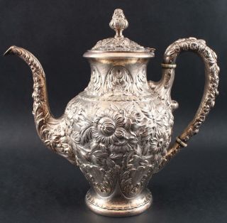 Antique S Kirk & Son Sterling Repousse Teaset Coffeepot Teapot Sugar Creamer 7