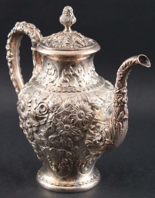 Antique S Kirk & Son Sterling Repousse Teaset Coffeepot Teapot Sugar Creamer 8