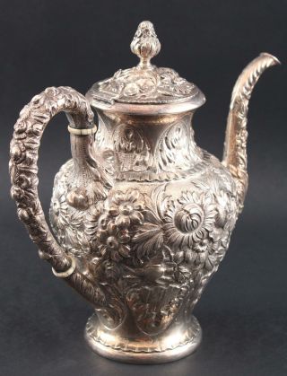 Antique S Kirk & Son Sterling Repousse Teaset Coffeepot Teapot Sugar Creamer 9