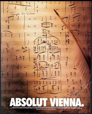 1998 Absolut Vienna Music Score Vodka Bottle Art Vintage Print Ad