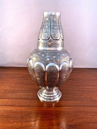 Rare Indian / Kashmiri Sterling Silver Bedside Water Carafe Decanter W/ Cup 498g