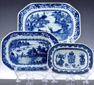 Estate Coll 3 Fine 18thc Chinese Qianlong Blue White Scenic Vase Censer Platters