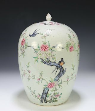Finely Painted Antique Chinese Ovoid Form Porcelain Jar With Birds And Flowers