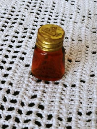 Vintage Small Brown Amber Glass Bottle Sandoz With Gold Tin Lid - 1 1/4 " Tall