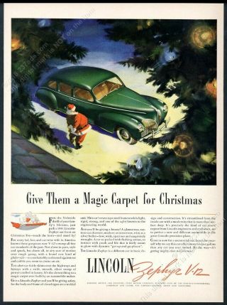 1941 Lincoln Zephyr V - 12 Sedan Green Car Santa Christmas Art Vintage Print Ad