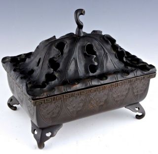 Old Chinese Bronze Footed Censer Bowl With Large Hardwood Lotus Lid