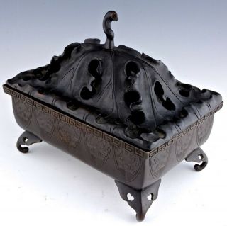 OLD CHINESE BRONZE FOOTED CENSER BOWL WITH LARGE HARDWOOD LOTUS LID 2