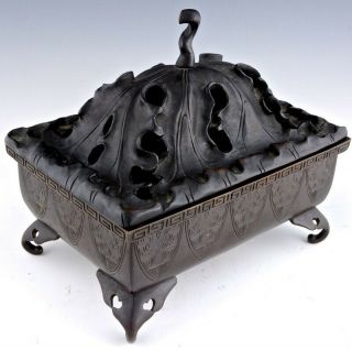 OLD CHINESE BRONZE FOOTED CENSER BOWL WITH LARGE HARDWOOD LOTUS LID 3