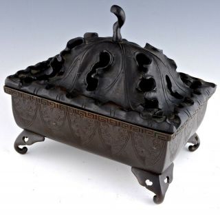 OLD CHINESE BRONZE FOOTED CENSER BOWL WITH LARGE HARDWOOD LOTUS LID 4