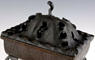 OLD CHINESE BRONZE FOOTED CENSER BOWL WITH LARGE HARDWOOD LOTUS LID 5