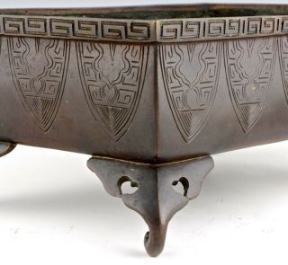 OLD CHINESE BRONZE FOOTED CENSER BOWL WITH LARGE HARDWOOD LOTUS LID 8