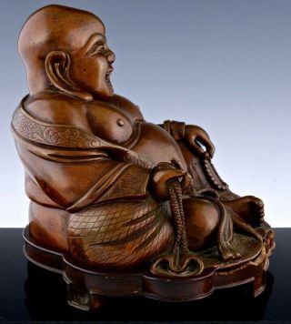 FINELY DETAILED ANTIQUE CHINESE SOLID BRONZE HAPPY LUCKY BUDDHA FIGURE w STAND 2
