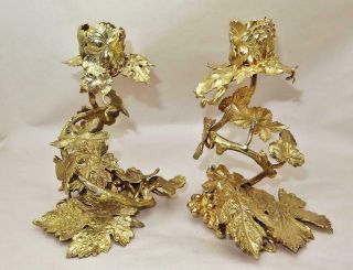Odiot Paris French Sterling Silver Gilt Naturalistic Grapevine Candlesticks