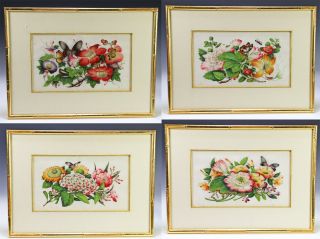 Set Of Four Antique Chinese Rice Pith Paper Paintings With Flowers