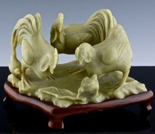 Very Fine Old Chinese Carved Green Soapstone Chicken Family Study W Carved Stand