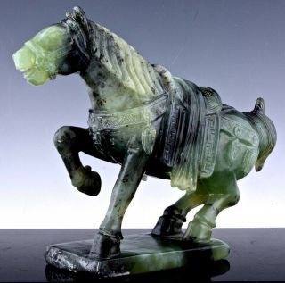 OLD CHINESE CARVED JADE GREEN HARDSTONE IMPERIAL HORSE FIGURE STUDY STATUE 2