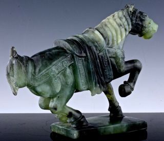 OLD CHINESE CARVED JADE GREEN HARDSTONE IMPERIAL HORSE FIGURE STUDY STATUE 4