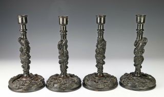 Interesting Set Of Four Old Chinese Carved Wood Candles Candlesticks W Dragons