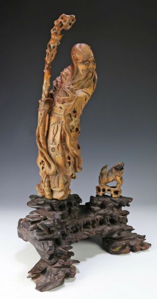 Finely Carved Antique Chinese Wood Statue of Standing Figure with Dog 5