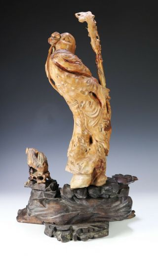 Finely Carved Antique Chinese Wood Statue of Standing Figure with Dog 8