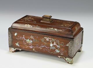 Antique Chinese Wood Mother Of Pearl And Silver Covered Box