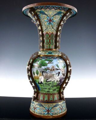 Fine Large Chinese Cloisonne Enamel Archaic Bronze Desgn Crane Bird Figural Vase