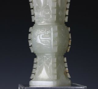 Antique Chinese Carved Nephrite Jade Gu Vase with Archaistic Design 3