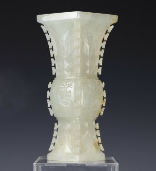 Antique Chinese Carved Nephrite Jade Gu Vase with Archaistic Design 4