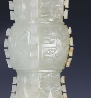 Antique Chinese Carved Nephrite Jade Gu Vase with Archaistic Design 7