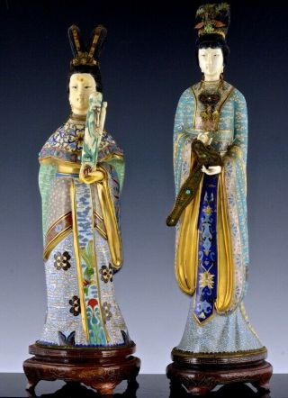 Pair Very Fine Chinese Cloisonne Enamel Gilt Bronze Imperial Attendant Figures