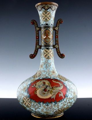 Very Fine Large 19thc Japense Meiji Cloisonne Enamel Dragon Figural Handled Vase
