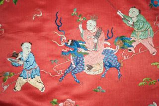 Vintage Oriental Silk Embroidery Panel Figures,  Lion - Museum Deaccession